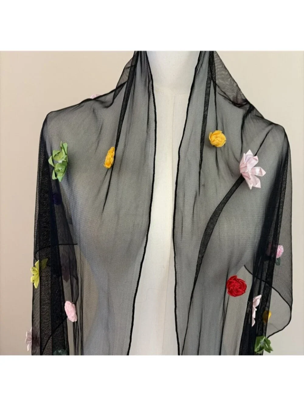 Women’s Mesh Floral Applique Scarf Wrap Black 17X66